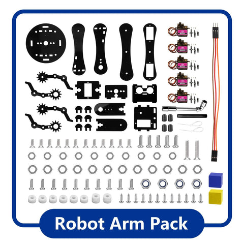 Robot Arm Expansion Pack kit with four black acrylic arms, four micro servo motors, gears, screws, nuts, spacers