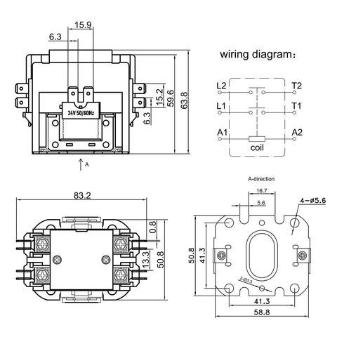 Technical drawing of 2 Pole 30 Amp 24 VAC Coil AC Contactor For Air Conditioner Compressor And Condenser Units with dimensions and wiring diagram.