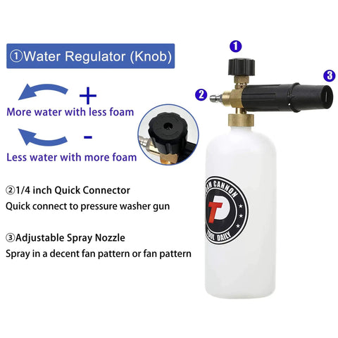 Short Pressure Washer Gun With Foam Cannon And One Quarter Inch Quick Connector Five Nozzle Tips And One Liter Bottle M22 Compatible All Purpose Power Washing Tool For Cars Decks And Driveways showing water regulator and spray nozzle.