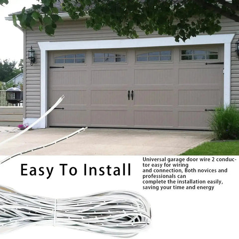 Universal 100 Ft 22 AWG 2-Conductor Garage Door Opener Wire with Easy Installation Text in Front of a Two-Car Garage