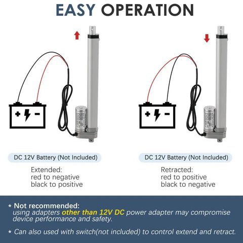 Illustration of Beefy 12V DC Electric Stroke Linear Actuator with mounting bracket showing easy operation with battery wiring instructions.