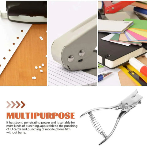 Compact Manual Oval Hole Puncher For IDs And Office Paper, Rugged Metal Single Hole Punch Tool on desk with paper and office supplies.