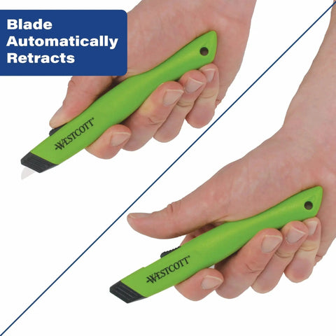 Person holding Ceramic Safety Box Cutter With Retractable Blade For Easy Large Box Opening, green handle, shown in open and closed positions.