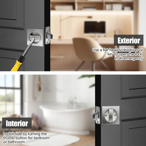 Brushed Nickel Pocket Door Lock With Privacy For Sliding And Bifold Doors Durable Double Sided Privacy Lock For Bathrooms Bedrooms And Offices Fits 1-3/8 Inch Doors With 2-3/8 Backset Easy Install Modern Home Upgrade installed on door