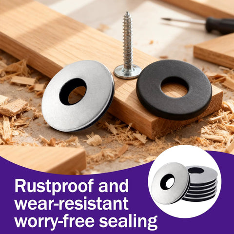 Ranstac 10x9/16 stainless steel neoprene EPDM bonded sealing washers with screw on wood background