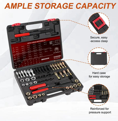 Open case displaying All In One 49 Piece Thread Chaser And Repair Kit For UNC UNF And Metric Bolts Nuts And Screws with 22 taps, 24 dies, and 3 files.