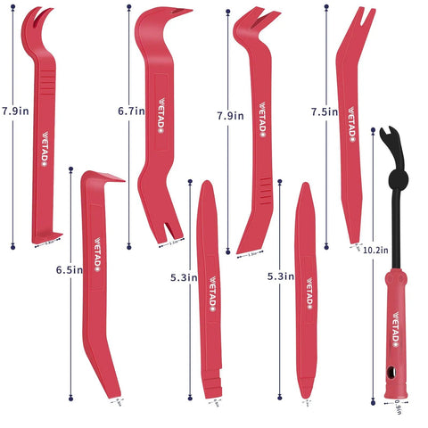 Trim Removal Tool Set For Car Interior Pro Grade 8 Piece Red Pliers Kit with various sizes for removing panels and clips.