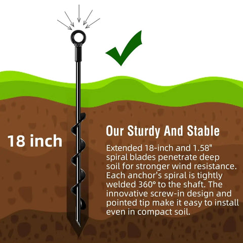 Diagram of Heavy Duty 18 Inch Screw In Ground Anchor with 1.58 in spiral blade for secure setup in soil.