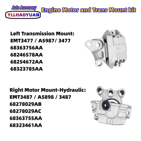 Set of 3 Motor Mounts for Fiat 500X Jeep Renegade Compass and Ram ProMaster City 2.4L 2015 to 2020 Replaces 68363755AA