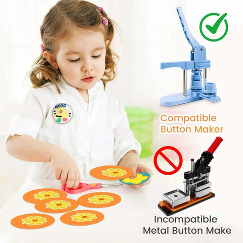 Young girl using All In One Circle Cutter And Button Paper Cutter for DIY badges with 2.39 inch circle punch, pictured with compatible button maker.