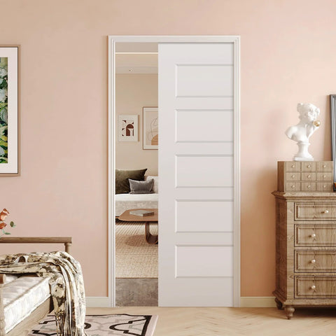 Installed 36 By 80 Inch Sliding Pocket Door Kit With Track Hardware And Frame, White Paintable Door Slab Included, Soft Close Mechanism