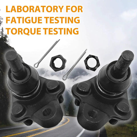 Front view: two front lower ball joints with cotter pins and nuts for automotive suspension