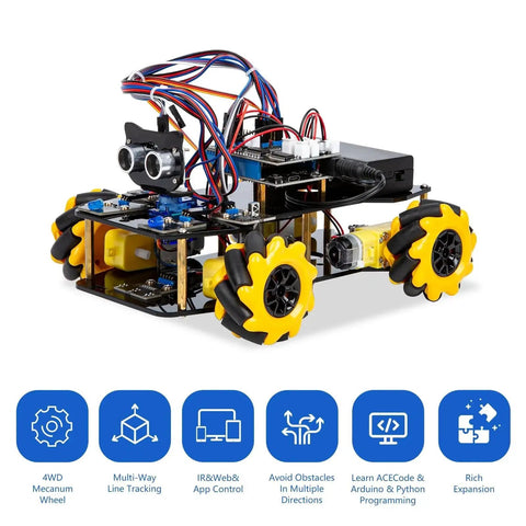 Smart Robot Car Kit For Arduino And ESP32 Controllers with 4WD Mecanum wheels, designed for STEM coding projects for kids and adults.