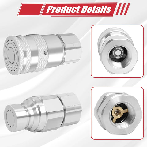 Hoqqf 1/2 in NPT flat-face hydraulic couplers, skid-steer quick-connect fittings with dust covers, silver, 2-set
