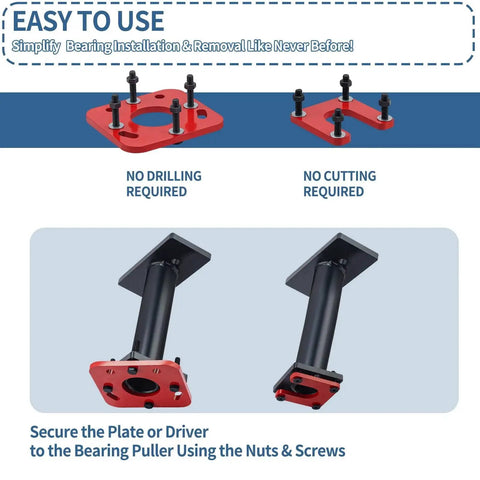 Rear Axle Bearing Puller And Installer Kit With ABS Tone Ring Tool shown disassembled, featuring no cutting or drilling required