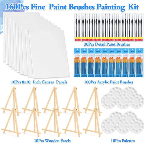160 Piece Canvas With Easel Painting Kit Including Wooden Easel Blank Canvases 100 Brush Set And 30 Detail Liners