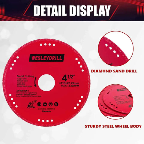 Detail display of a 4.5-inch metal cutting wheel, red color, labeled WesleyDrill, for 3 Pack 4.5 Inch Diamond Cutting Off Wheels Set For Seven Eighths Inch Arbor.
