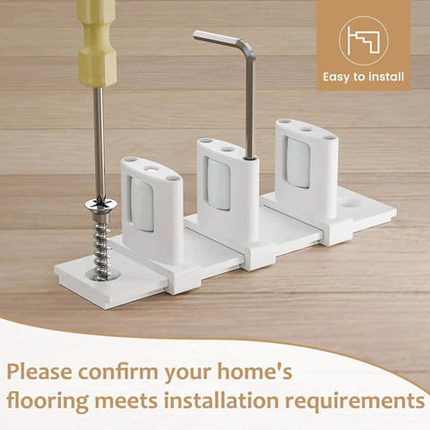 Sliding Barn Door Floor Guide For Double Bypass Doors With Adjustable Three Roller System Easy Install Bottom Guide In White Finish with installation tools shown on wooden floor