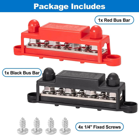 Beefy 12V 24V 48V Power Distribution Block Bus Bar With Four M10 Terminal Studs And Six M4 Screw Terminals, 250A Max, includes red and black bars