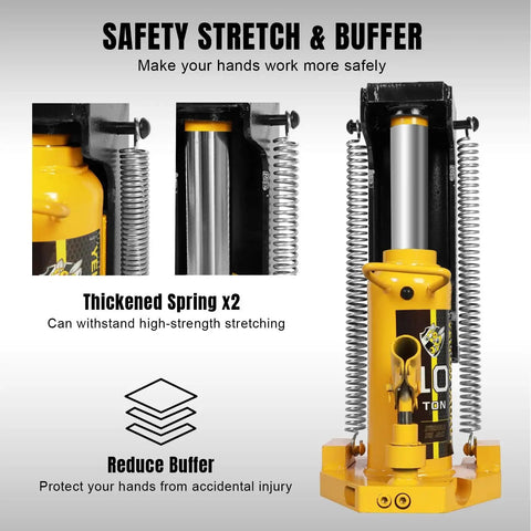 Front view of a yellow hydraulic toe jack, 10-ton capacity, with thickened side springs.