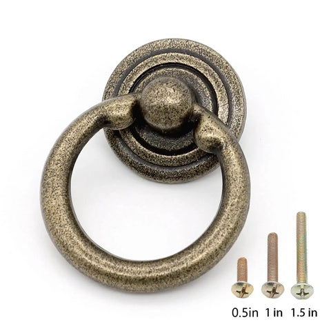 Antique Bronze Ring Drawer Pulls Handles For Cabinets And Dressers, 1.5 Inch Length Ring Knob Style, shown with screws