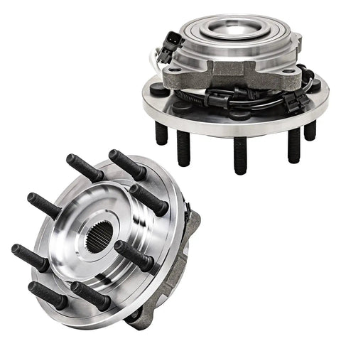 Beefed Up Front Wheel Bearing Hubs Assembly 2 Pack For Ram 2500 2014 2015 2016 2017 2018 And Ram 3500 2013 2014 2015 2016 2017 2018 Front Left And Right 8 Bolt ABS Hub Replacement Kit, showing two 8-bolt hub assemblies with ABS for front wheels.