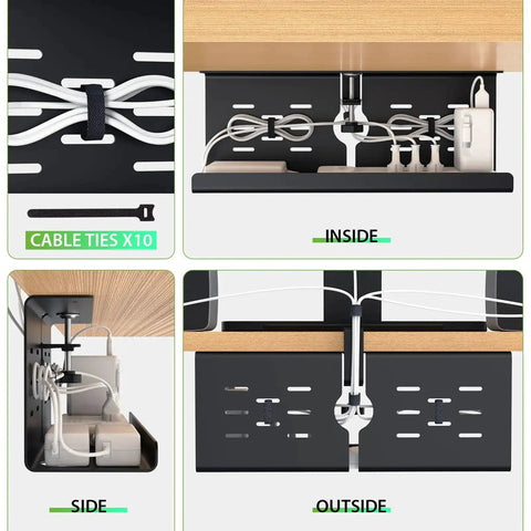 Close-up of Two Pack 16 Inch Under Desk Cable Management Trays expandable to 32 inches, organizing cords and power strips with no-drill mount.