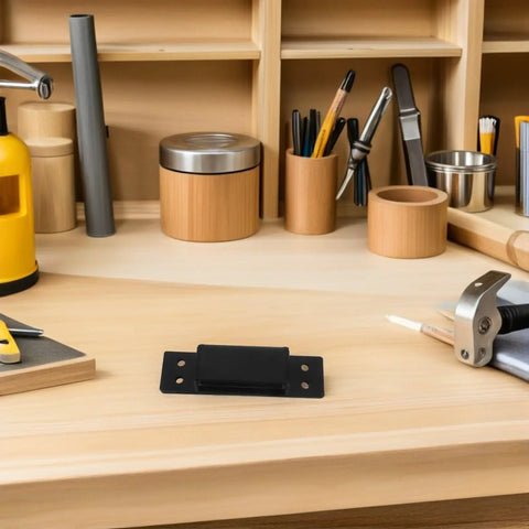 Hidden Heavy Duty Concealed Door Hinges 5 Inch Black Square Adjustable Cabinet And Bookcase Hardware on a wooden desk