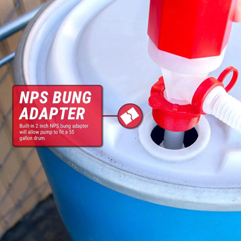 Close-up of Portable Manual Fuel Drum Pump For Fifty Five Gallon Drums With Adjustable Length BPA Free Heavy Duty adapter in drum