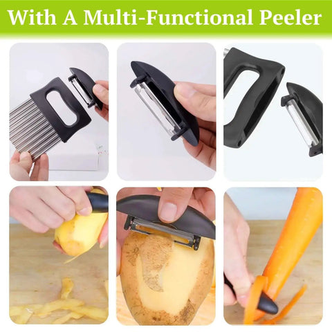 2 In 1 Crinkle Cutter And Peeler For Potatoes And Veggies, Wavy Slicer Chopper For Fries, Carrots, Onions, And Fruits, Stainless Steel Kitchen Tool With Easy Grip Handle