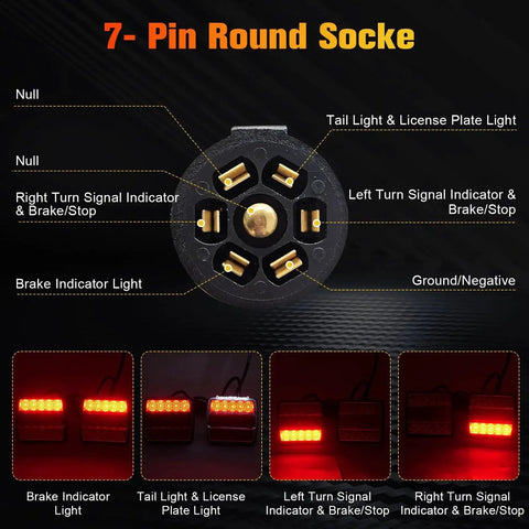 Dreamdragon 7-pin round trailer light kit diagram; front view of socket with brake, turn, tail and license plate lights