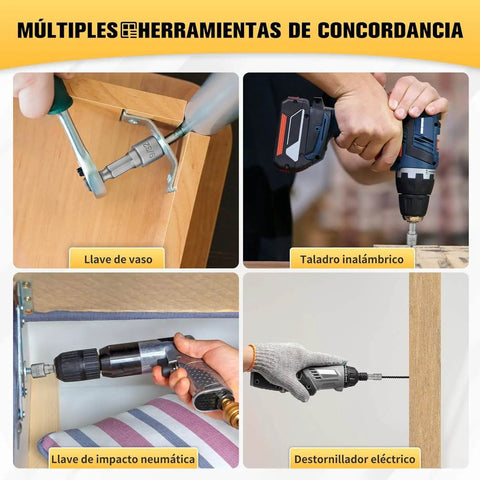 Múltiples herramientas de concordancia: llave de vaso, taladro inalámbrico, llave de impacto neumática, destornillador eléctrico