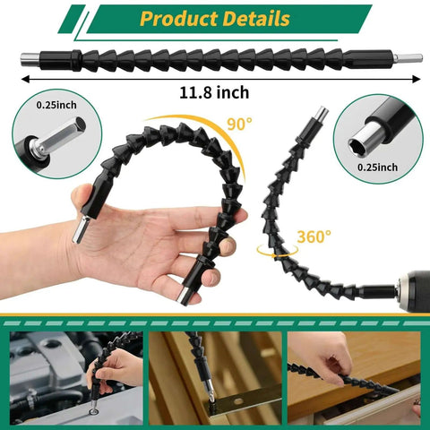 Flexible Drill Bit Extension Kit With 19 Pcs And 105 Degree Right Angle Attachments GRENPRO with bendable shaft shown in use