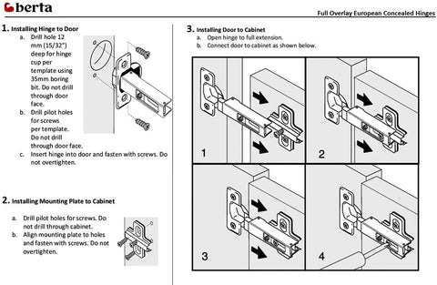Installation guide for Full Overlay Concealed Kitchen Cabinet Hinges 105 Degree 2 Cam 4 Way Adjustable Frameless European Hinges Berta