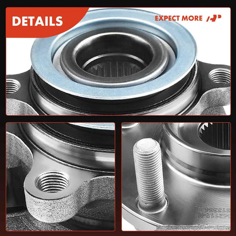 Close-up view of front wheel bearing and hub assembly with 5-lug fits Nissan Sentra 2013 2019, Leaf 2013 2017, NV200 2013 2019.