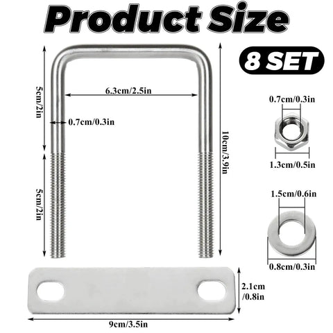 Eight Pack Square U Bolts With Washers And Nuts Two And A Half Inch Inner Width Hundred Millimeter Length 304 Stainless Steel Replacement Parts