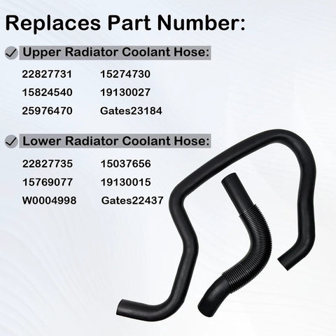 Upper and lower radiator coolant hoses, black rubber with corrugated section, part numbers 22827731/22827735
