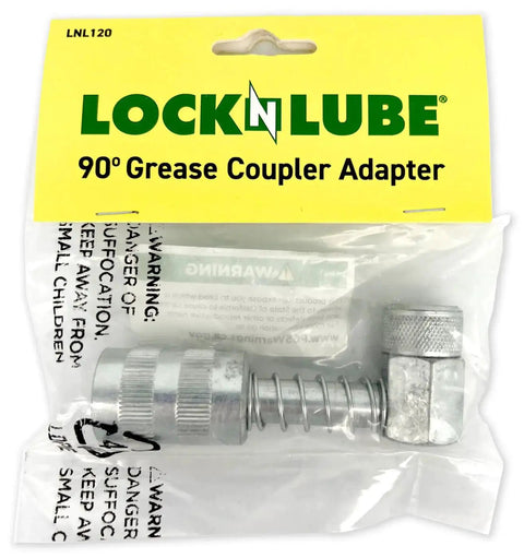 90 Degree Grease Coupler Adapter For Tight Spaces With Spring Loaded Collar And Three Hardened Steel Jaws Rubber Seal And Check Valve Delivering A Tight Reliable Connection In Hard To Reach Fittings From LockNLube in packaging
