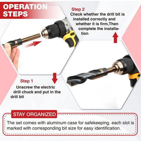 Instructional guide showing installation of 5/8 Inch Reduced Shank Drill Bit With One Half Inch Universal Flat Shank M2 High Speed Steel Gold Titanium Coated.