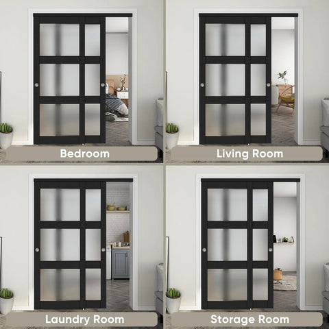 60 By 80 Inch Bypass Sliding Closet Door With Frosted Glass Three Lite Panels shown in bedroom, living room, laundry, storage room