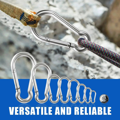 Durable 1.57 Inch Galvanized Iron Carabiner Clips 32 Pack For Camping And Keys with rope and rock background