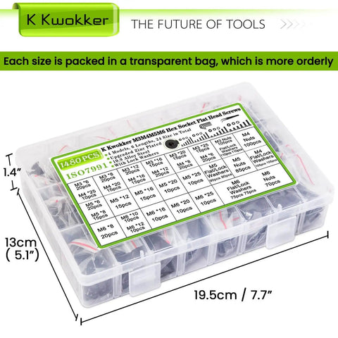 Ridiculously Complete Metric Fastener Kit With 1485 Pieces Of M3 M4 M5 M6 Nuts And Bolts shown in labeled transparent box