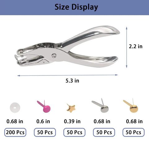 200 Piece Colorful Mini Paper Brads With Silver Washers And Hole Punch Pliers Set, shown with size dimensions and quantities.