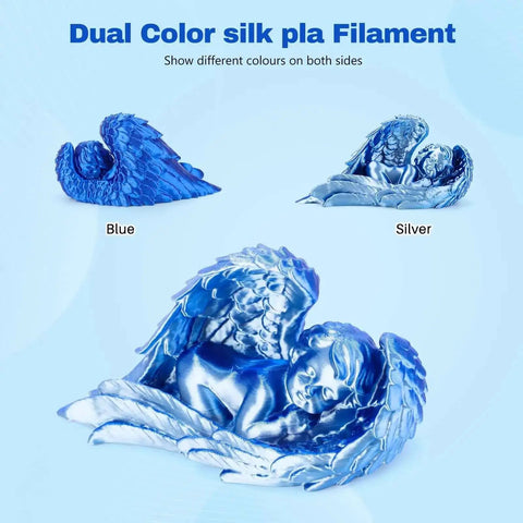 Dope Silk PLA Filament 1.75mm Blue Silver Dual Color Coextrusion angel statue, showcasing glossy surface and dual-tone effect