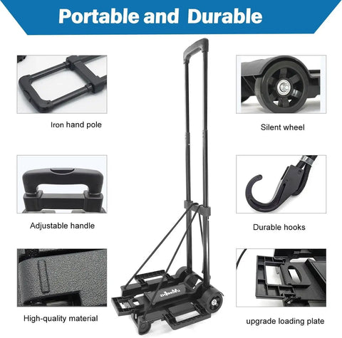 Folding Hand Truck Dolly With Wheels, lightweight collapsible cart with adjustable handle, showing durable hooks and silent wheels.