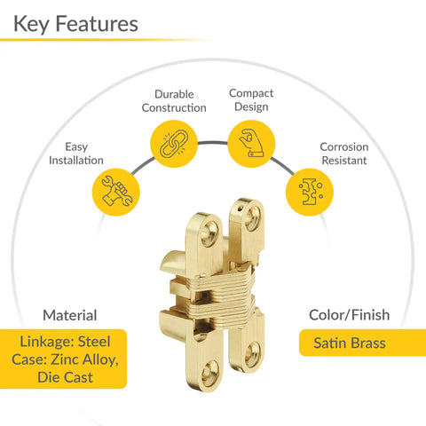 Concealed Hinge For 13 To 16 Mm Wood Thickness, 180 Degree Invisible Hinge By Soss, Satin Brass Plated, SOSS 101 in satin brass