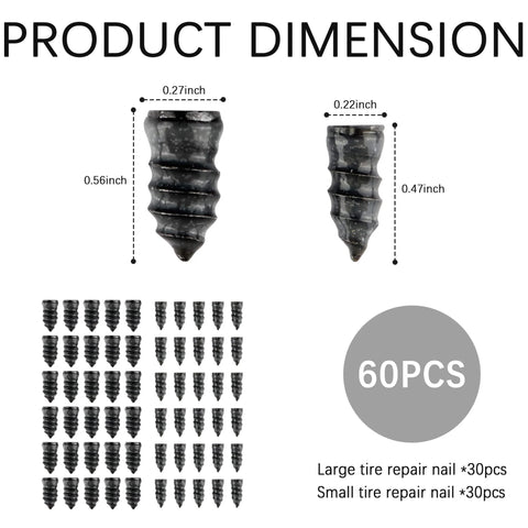 60PCS Tire Repair Rubber Nail,Vacuum Tire Repair Screws for Quick Fixes,Self-Service Tires Repairs Kit with dimensions and count
