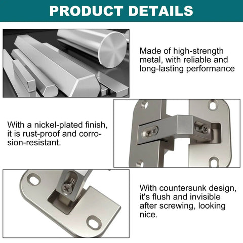 Adjustable Pie Cut Corner Cabinet Hinge With 78 Degree Opening shown in nickel-plated finish for Lazy Susan and bifold doors.