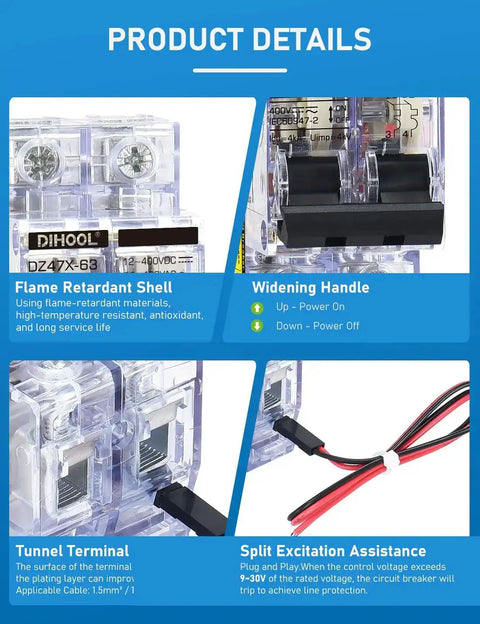 Diagram showing features of 60A DC Circuit Breaker With Remote Control, 12V-400V DC And 90-400V AC, 2 Pole Mini Breaker, DIN Rail Mount