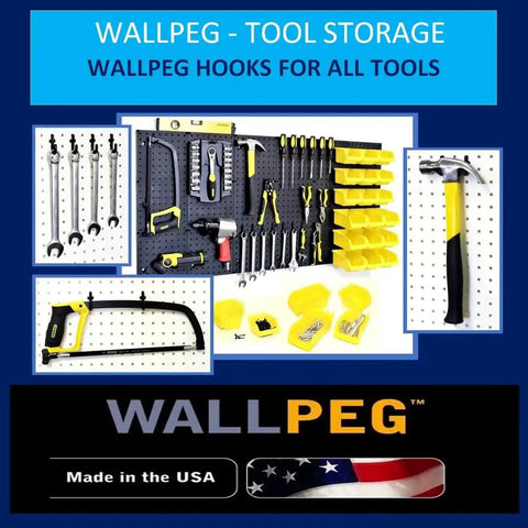 Wallpeg tool storage with pegboard bin kit for garage and workshop organization, 9 durable plastic bins, tools displayed.